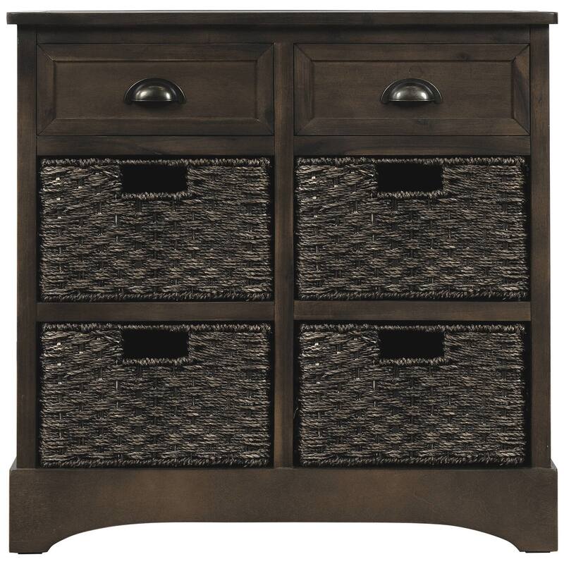 Rustic Storage Cabinet with Two Drawers and Four Classic Rattan Basket