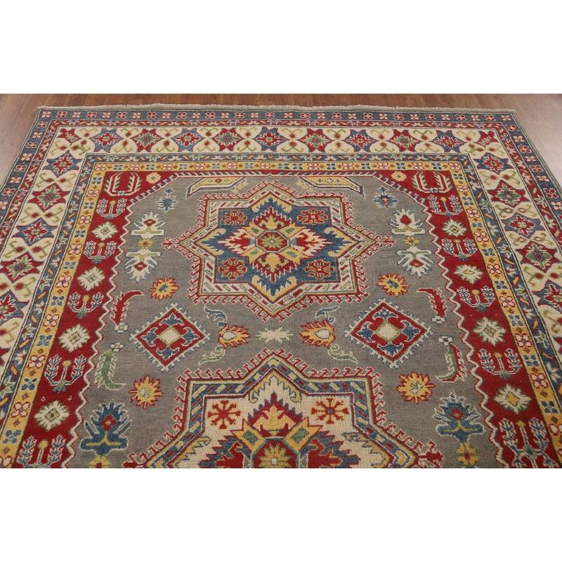 Geometric Kazak Area Rug Hand-Knotted Living Room Wool Carpet - 6'8" x 9'7"