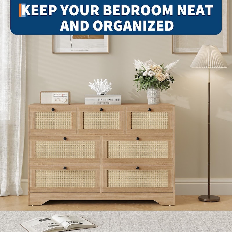 Rattan 7 Drawer Dresser for Bedroom, Farmhouse Modern Dressers & Chests