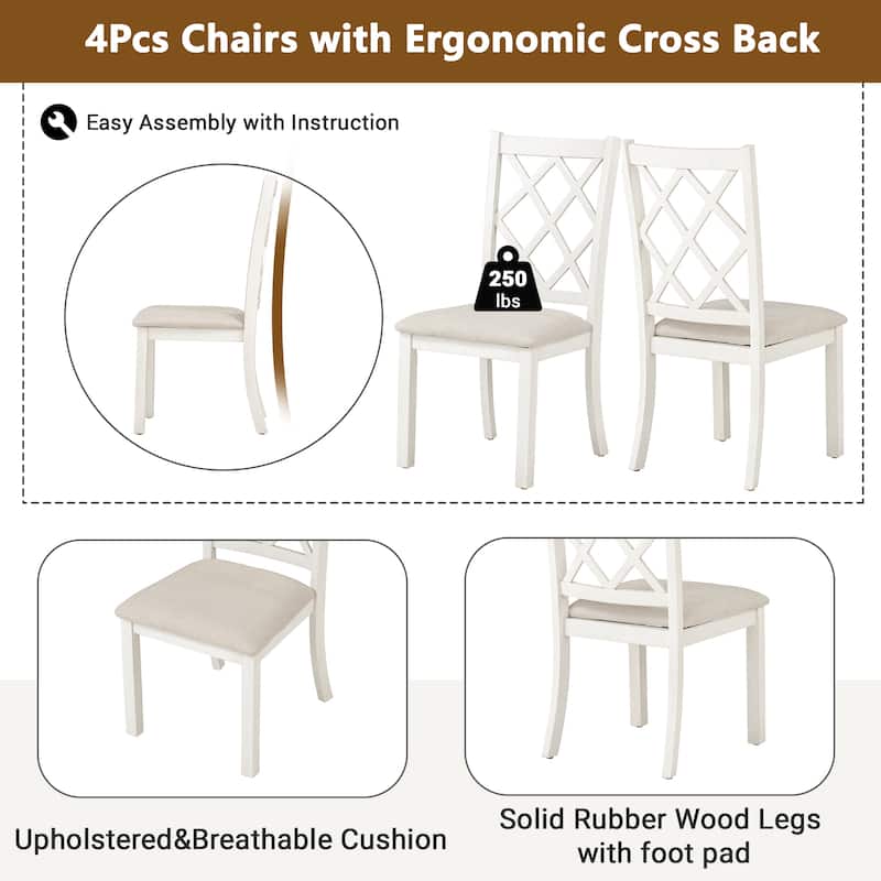 Roomfitters Mid-Century Solid Wood 5-Piece Round Dining Table Set with Upholstered Chairs for Small Spaces