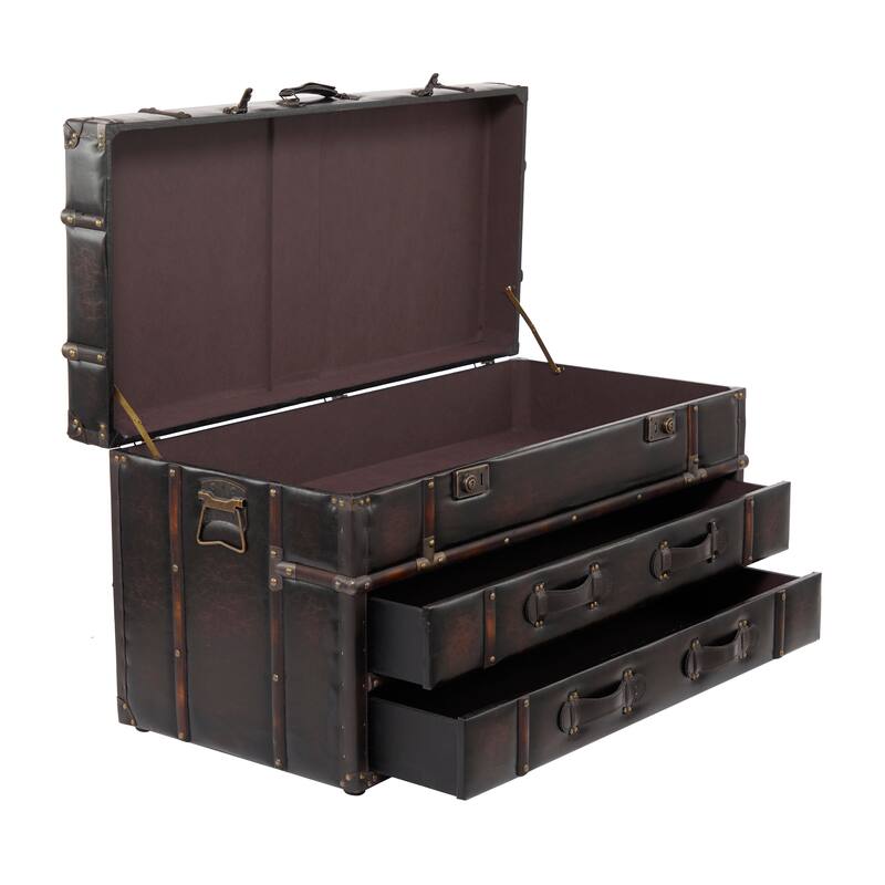 Brown Faux Leather Vintage Faux Leather 2 Drawer Living Room Coffee Table with Buckle Hinged Top