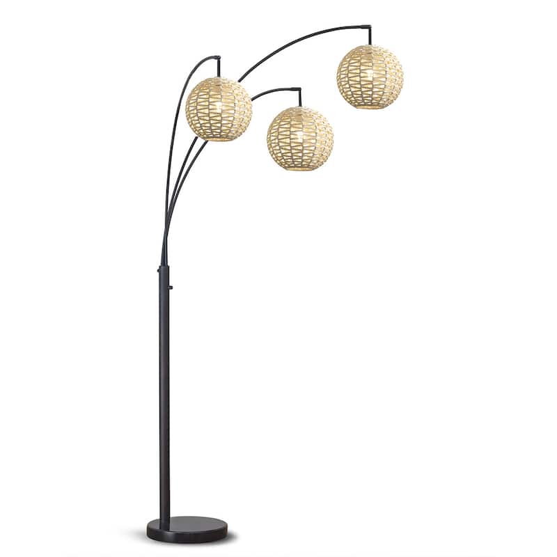 HOMEGLAM 83" 3-Light Globe Woven Rattan Arched Floor Lamp