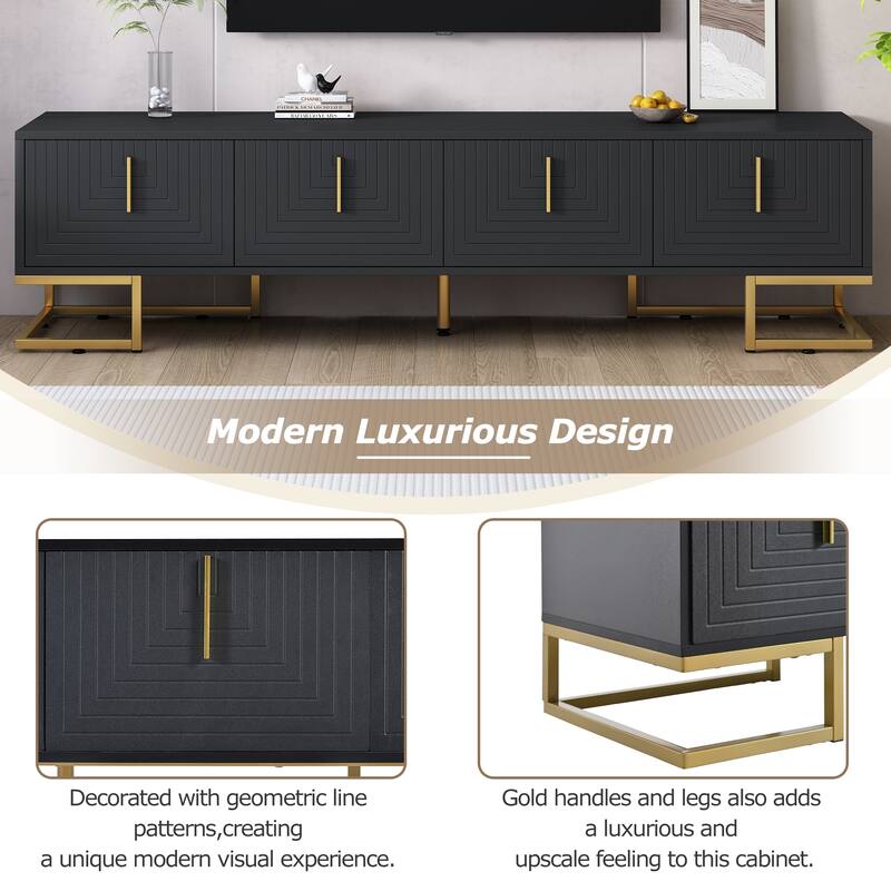 Geometric Lines TV Stand with Metal Legs, Gold Handles for TVs Up to 80", Wood Media Console Table w/ Cabinets for Home