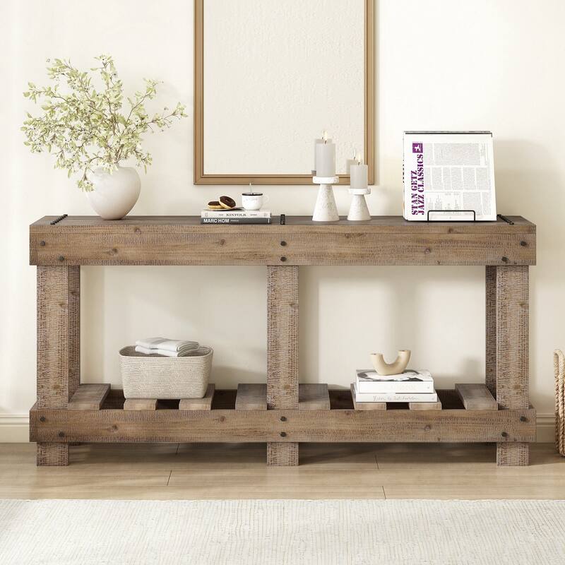 6 Reinforced Legs & 4.5" Thick Desktop, Metal Rivet Decor & Plank Under-Shelf, Console Table for Hallway, Living Room