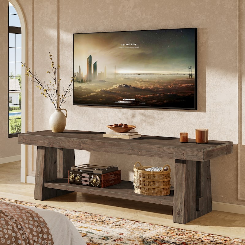 63" Solid Wood TV Stand with Open Storage Shelves, Entertainment Center Television Console for 75-Inch TVs Living Room Bedroom - Brown