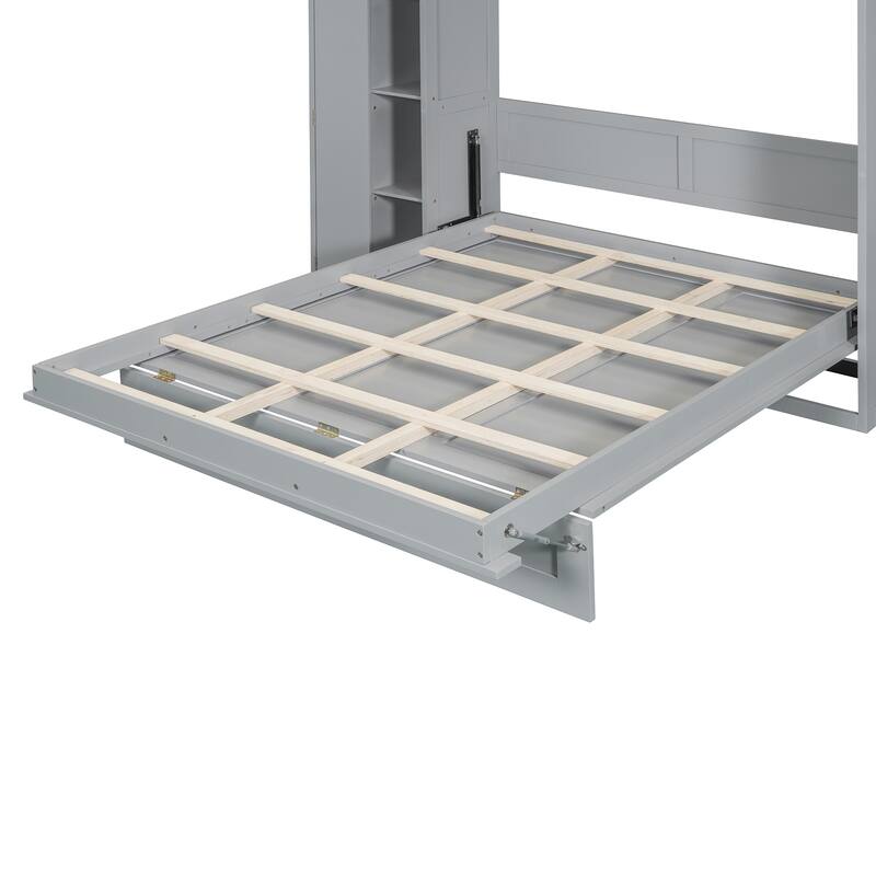 Full Size Murphy Bed with Shelves, Wardrobe, LED Lights, and Space-Saving Foldable Design for Guest Room or Studio