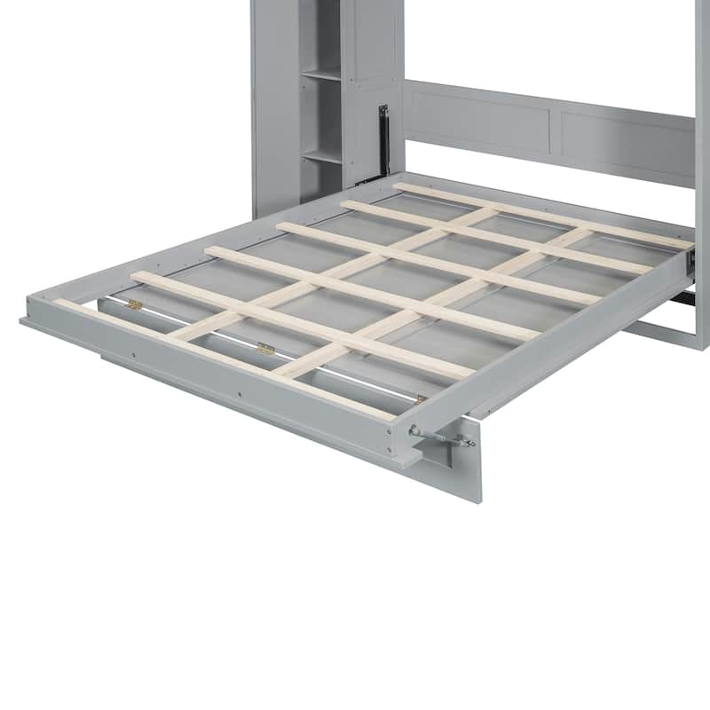 Space-Saving Full Size Wall Bed with Shelves, Wardrobe, and LED Lights in Gray