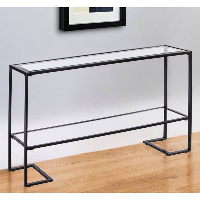 Clear Glass Mirrored Sled Console Table with Black Metal Base - 52” L x 12” W x 29” H