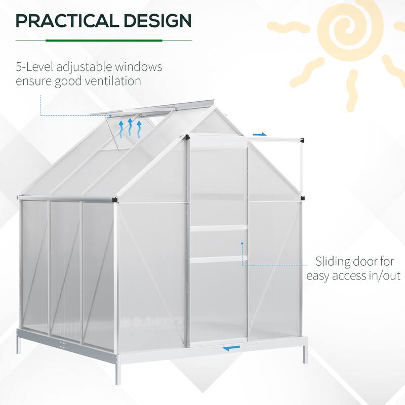 Outsunny Aluminum Greenhouse Polycarbonate Walk-in Garden Greenhouse Kit with Adjustable Roof Vent, Rain Gutter and Sliding Door
