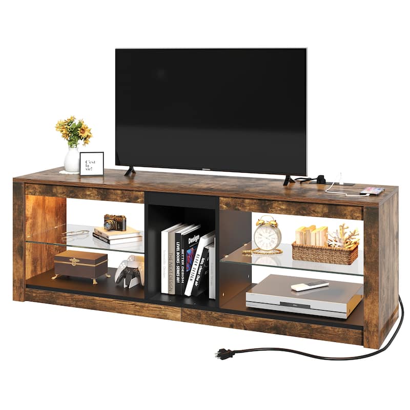 Moasis LED RGB TV Stand w/ Power Outlets for TVs up to 55/60" Entertainment Center with Glass Shelves - Rustic Brown