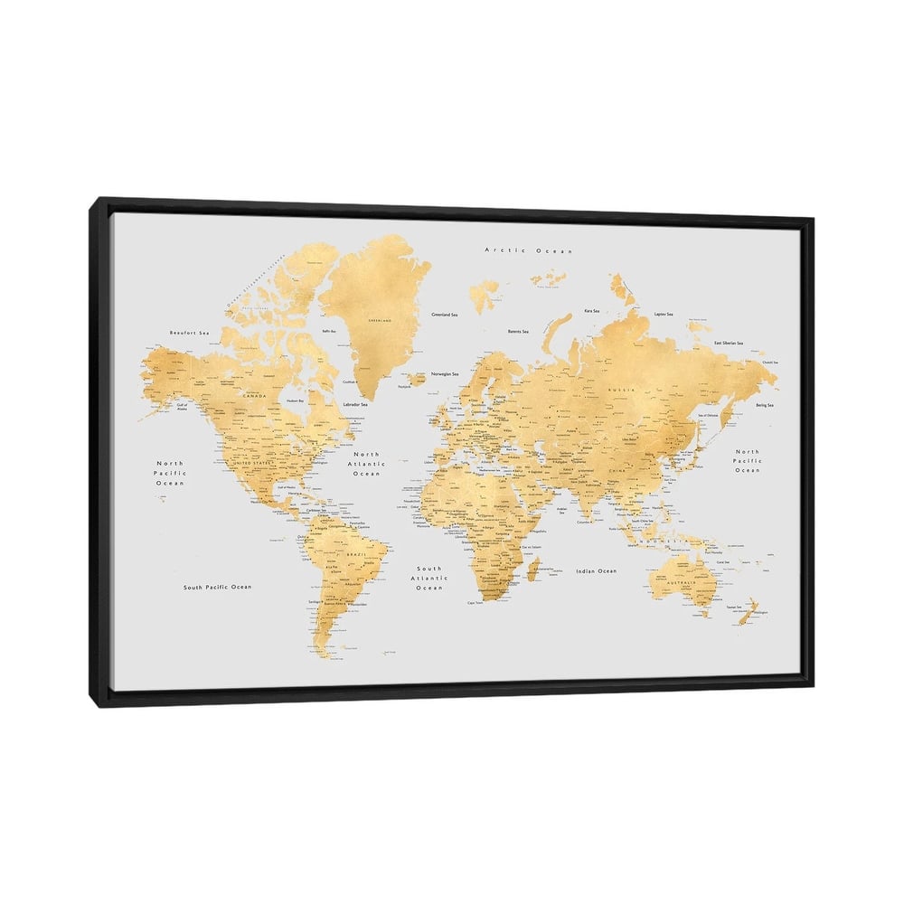 iCanvas "Detailed World Map In Gold And Grey, Everly" by blursbyai Framed Canvas Print