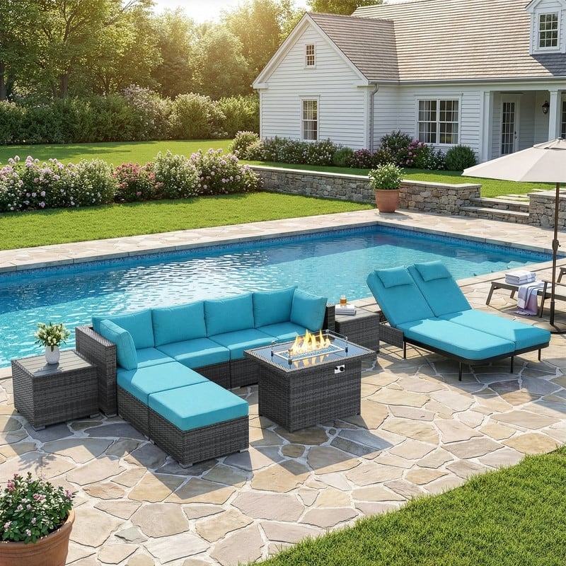 Outdoor Sectional Conversation Set PE Wicker with Double Chaise Lounge, 60,000 BTU Fire Pit Table