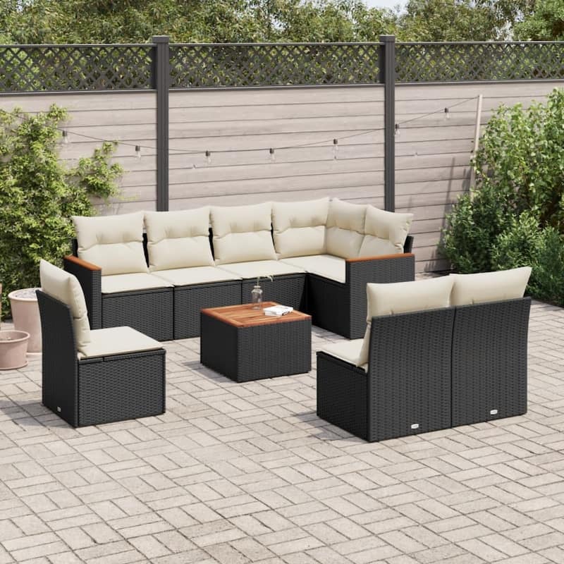 vidaXL Patio Sofa Set with Cushions Outdoor Conversation Furniture Poly Rattan - Black and cream with table - 21.7 x 21.7 x 14.6 in