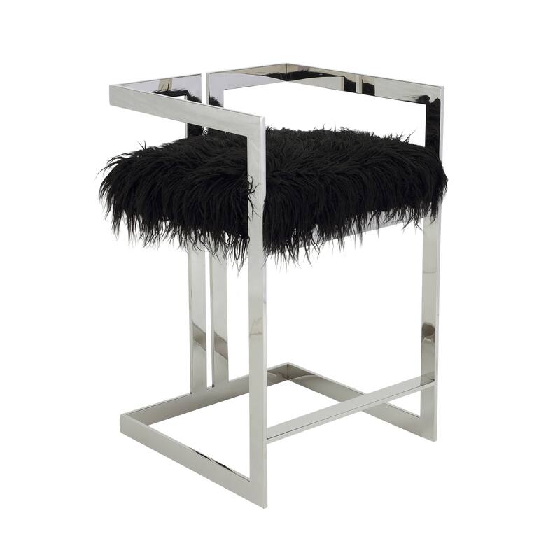 Suki 26 Inch Counter Stool Chair, Black Faux Fur, Silver Stainless Steel