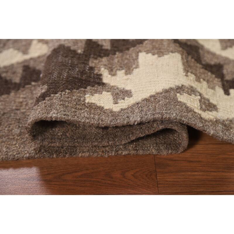 Brown Kilim Accent Rug Flatweave Geometric Wool Carpet - 3'5"x 4'5"