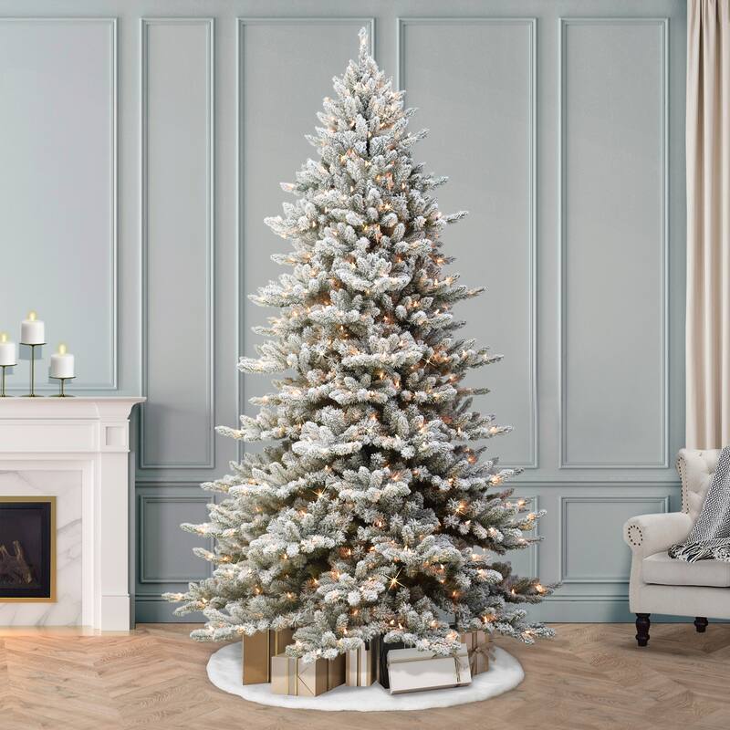 Puleo International 9 ft Pre-lit Flocked Royal Majestic Fraser Fir Artificial Christmas Tree with 800 Warm White LED Lights - Green