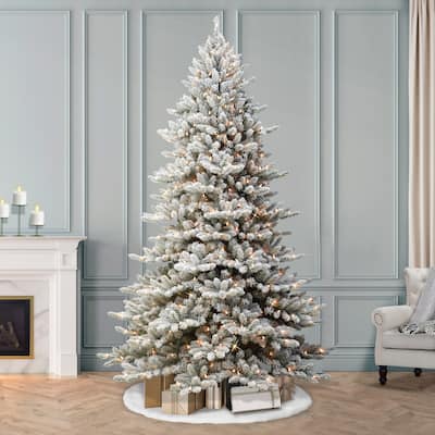 Puleo International 9 ft Pre-lit Flocked Royal Majestic Fraser Fir Artificial Christmas Tree with 800 Warm White LED Lights