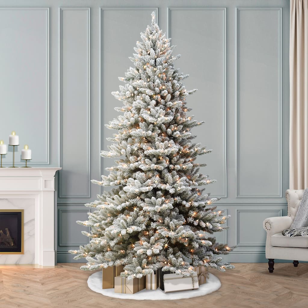 Puleo International 9 ft Pre-lit Flocked Royal Majestic Fraser Fir Artificial Christmas Tree with 800 Warm White LED Lights