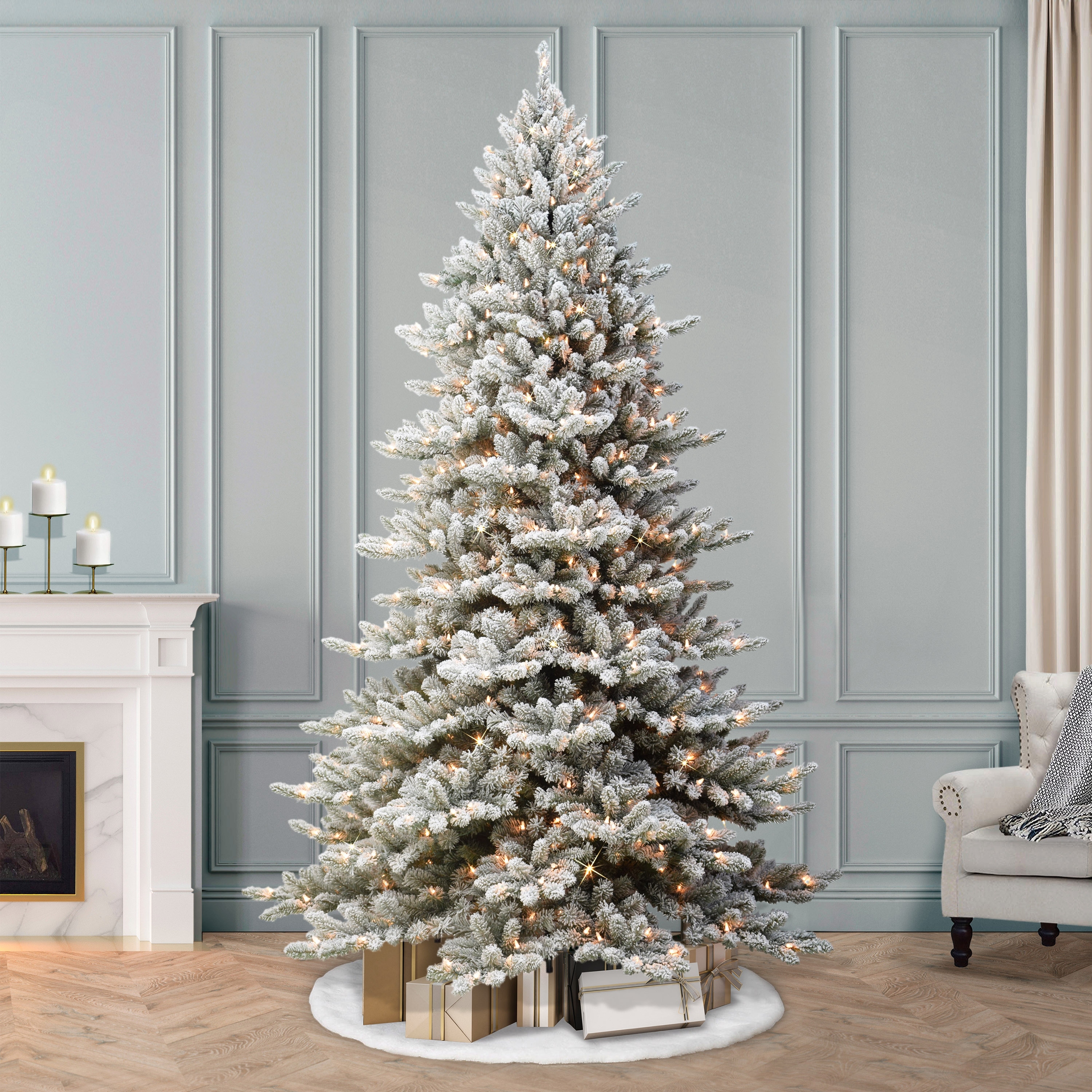 Puleo International 9 ft Pre-lit Flocked Royal Majestic Fraser Fir Artificial Christmas Tree with 800 Warm White LED Lights