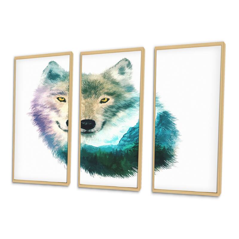 Designart "Wolf Head Double Exposure Drawing" Animal Framed Wall Art