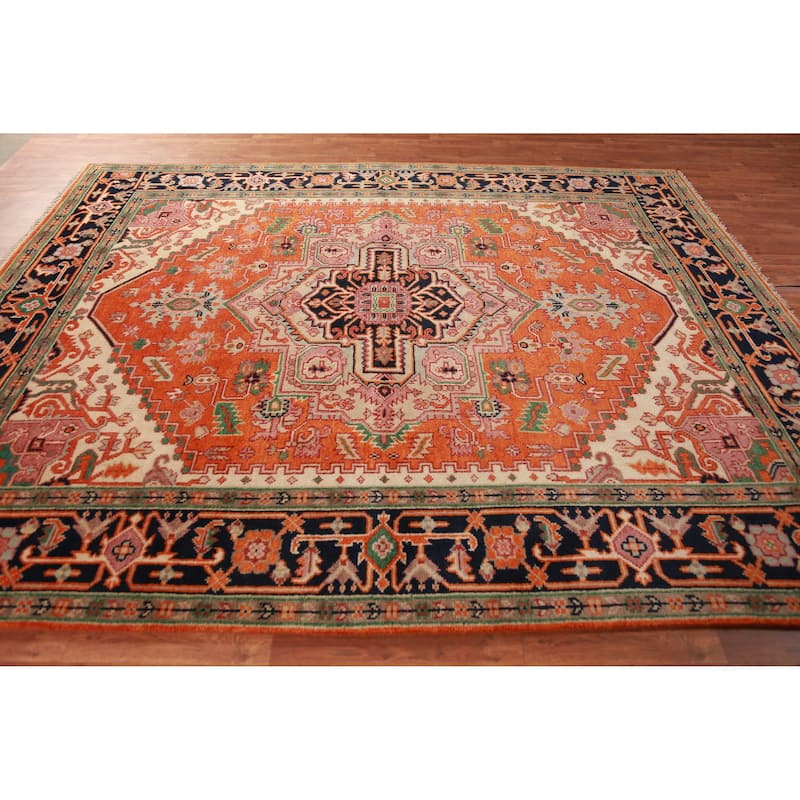 Orange Medallion Heriz Serapi Oriental Rug Hand-Knotted Wool Carpet - 8'1" x 9'11"