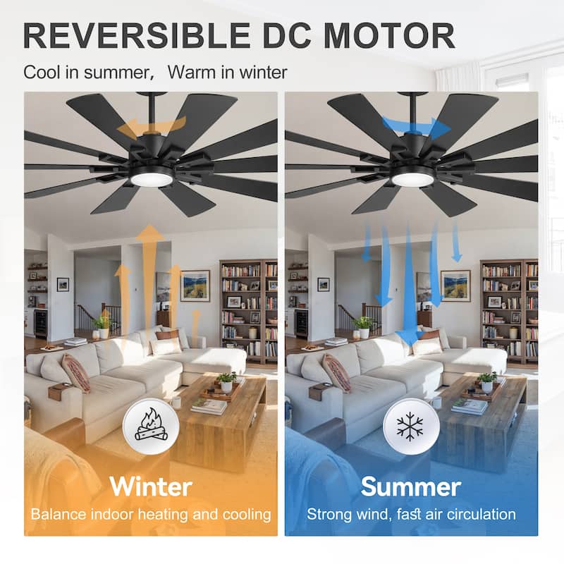 62/72-Inch Reversible 10-Blade Large Ceiling Fan with Light and Remote