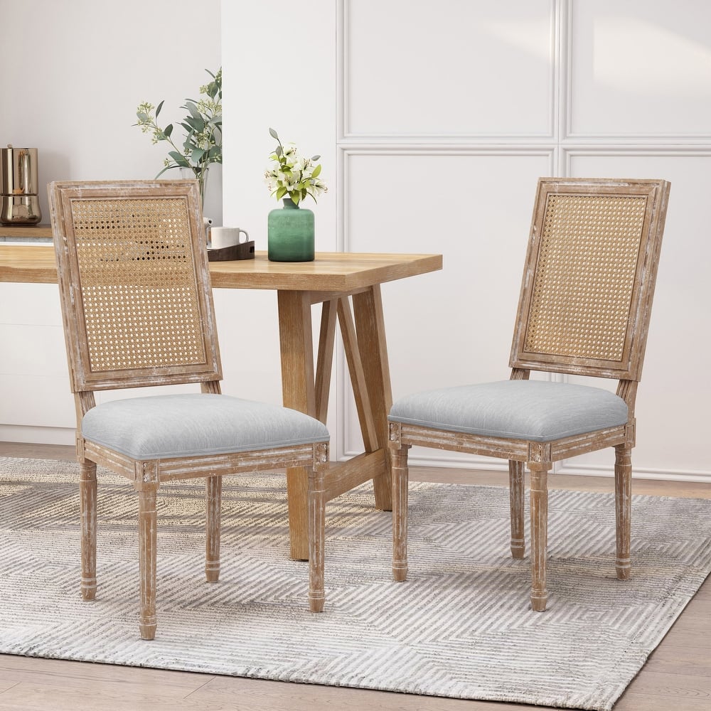 French Dining Chairs Set of 2, Rattan Farmhouse Upholstered Dining Chairs with Backrest and Wood Frame for Living Room, Kitchen