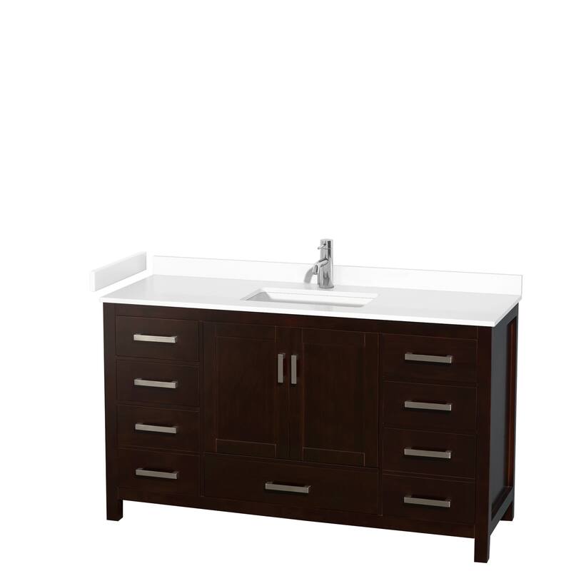 Sheffield Single Bathroom Vanity Set, Cultured Top, No Mirror - 60-Inch Single - Espresso, White Cultured Marble Top, Chrome Trim