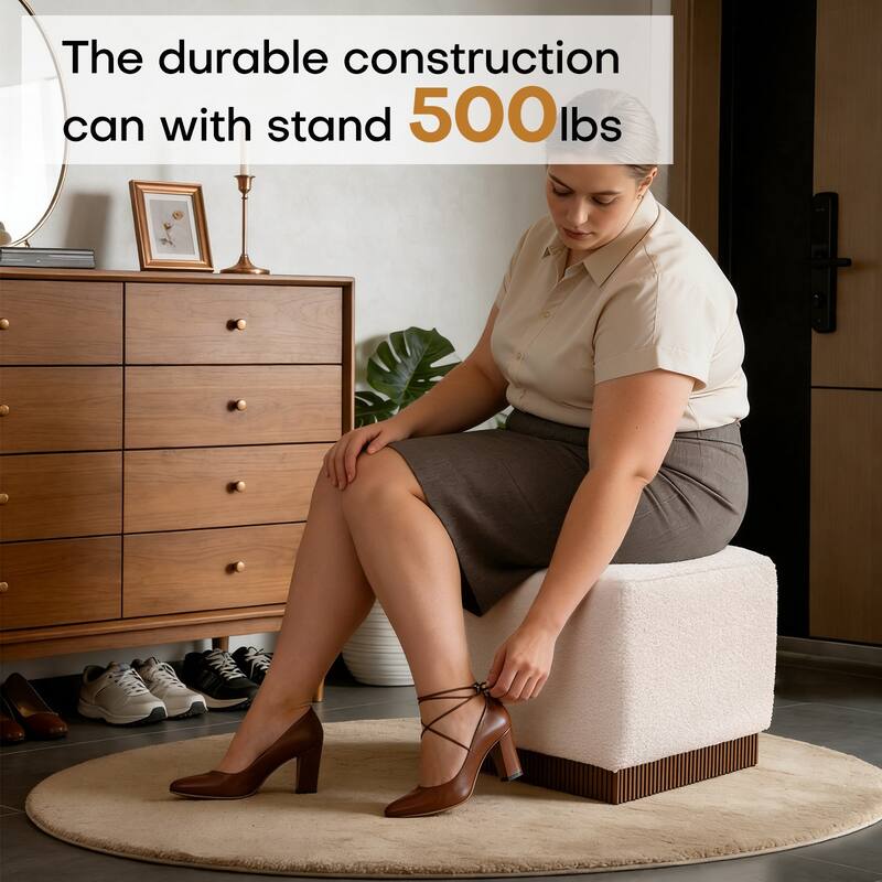 Tufted Square Ottoman Footstool Vanity Stool Sofa Side Table with Acacia Frame