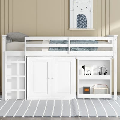 Twin Loft Bed with Pull-Out Desk & Storage and 2 Cabinets, 4 Drawers & Shelves(250lb Capacity)