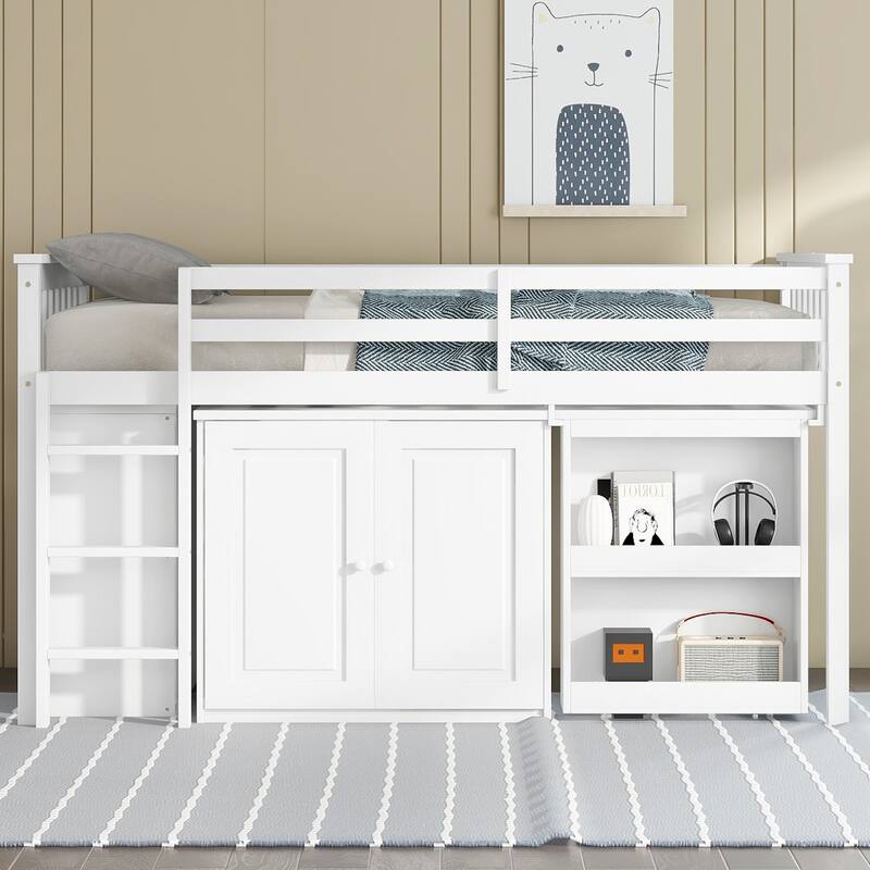 Wooden Low Loft Bed Frame, Versatile Storage Loft Bed with Shelves, Cabinet and Drawers, Rubber Wood Loftbed with Pull Out Desk