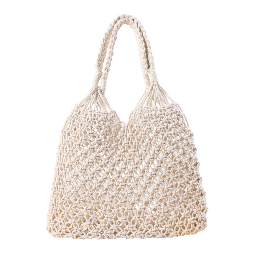 Qzunique Women S Summer Handmade Cotton Rope Woven Bag Large Beach Handbag Single Shoulder