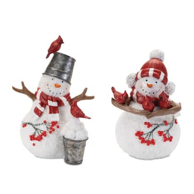 Set of 2 Resin Snowman Figurines with Cardinal and Berry Details for Winter Shelf and Mantel Decorations
