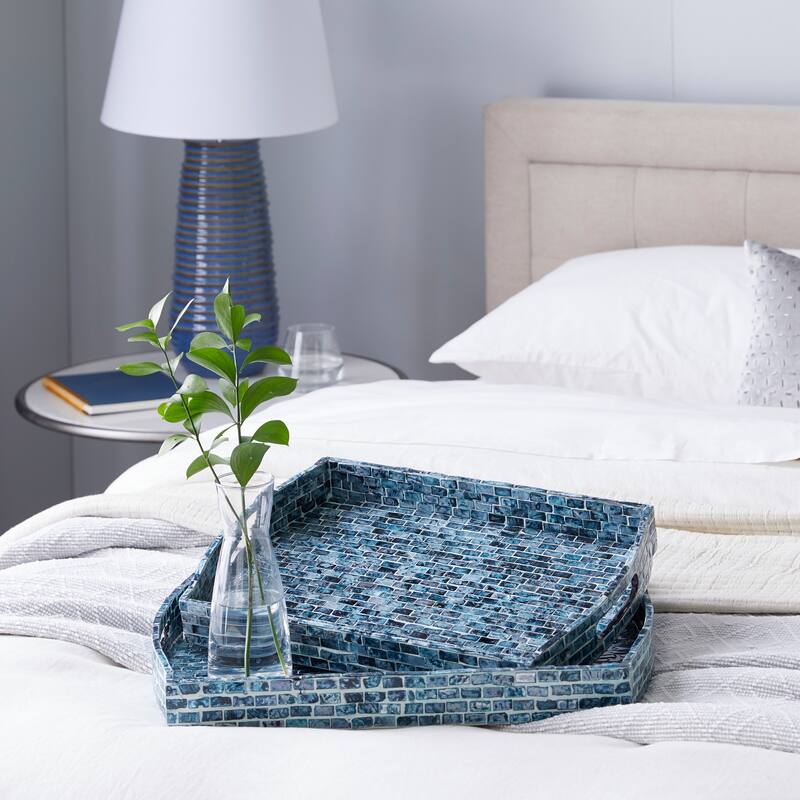 Blue Wood Living Room Decor Tray with Slot Handles (Set of 2) - 20 x 14 x 2 - 20 x 14 x 2 - Blue