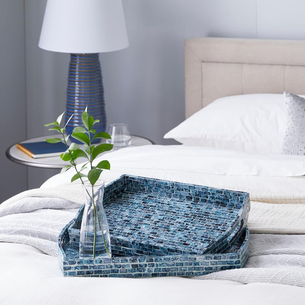 Blue Wood Living Room Decor Tray with Slot Handles (Set of 2) - 20 x 14 x 2