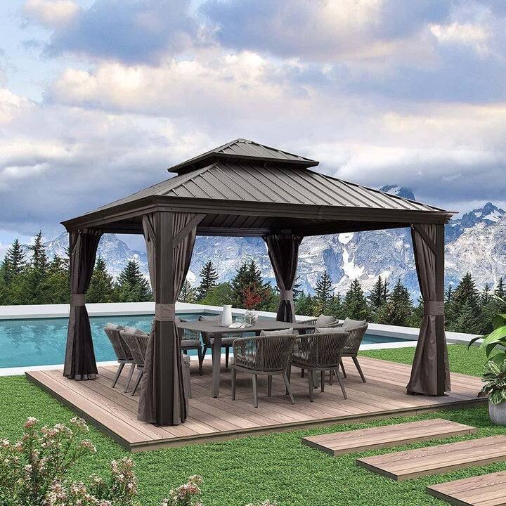 PURPLE LEAF Outdoor Galvanized Steel Hardtop Gazebo, Aluminum Frame Gazebo With Curtains - 12' x 12' - Gazebo Grey