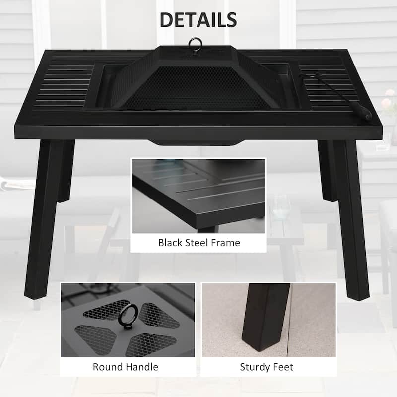 Outsunny 34" x 32" Outdoor Fire Pit, Portable Wood Burning Firepit Table, Barbecue Grill with Spark Screen, Poker
