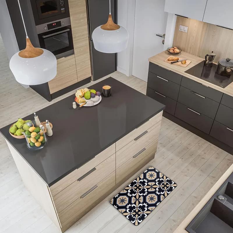 Carmen Printed Kitchen Sink Mat - Black & Beige Tile Design