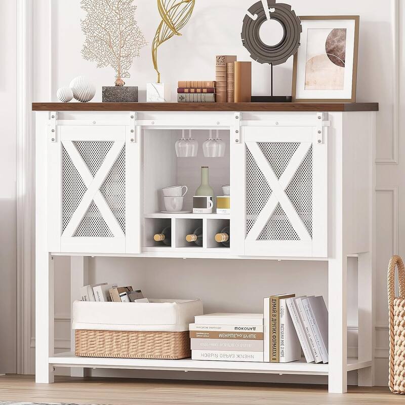 Bar Cabinet, Sideboard Buffet Cabinet with Storage, Coffee Bar Cabinet with Sliding Barn Door, Wine Cabinet - White