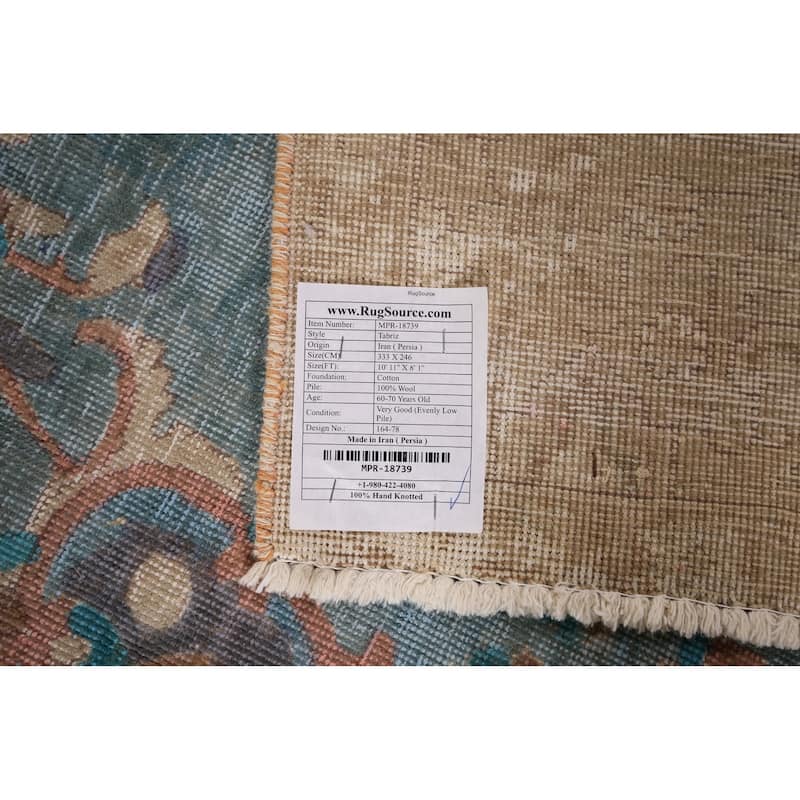 Distressed Blue Tabriz Persian Rug Handmade Wool Carpet - 8'1" x 10'11"