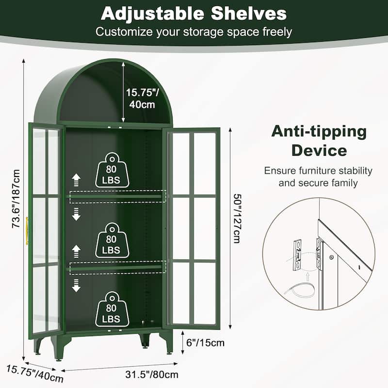 73.6-Inch Arched Metal Storage Display Cabinet with Glass Doors