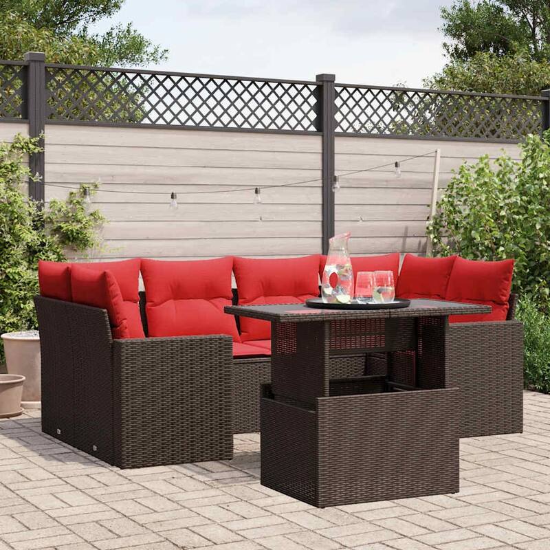 vidaXL Patio Sofa Set with Cushions and Table Outdoor 7 Piece Poly Rattan - Brown without storage