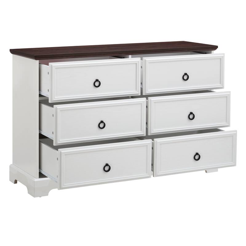 GDFStudio - White Modern Farmhouse 6-Drawer Dresser with Oak Grain Top and Smooth Metal Slides