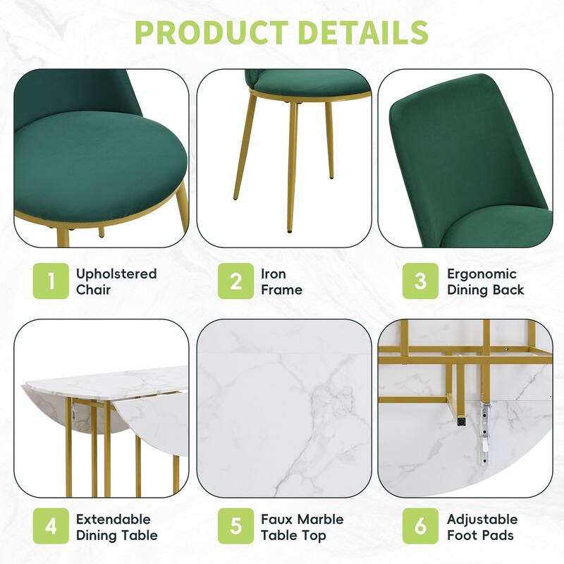 5-Piece Extendable Kitchen Dining Table Set- Round Faux Marble Top, 4 Upholstered Chairs, Compact Foldable Design