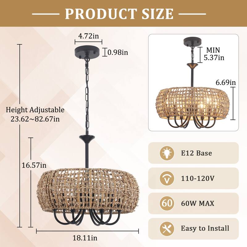 18.11inch Bohemian 6 lights adjustable height With Hand-Woven Rattan Lampshade for different rooms