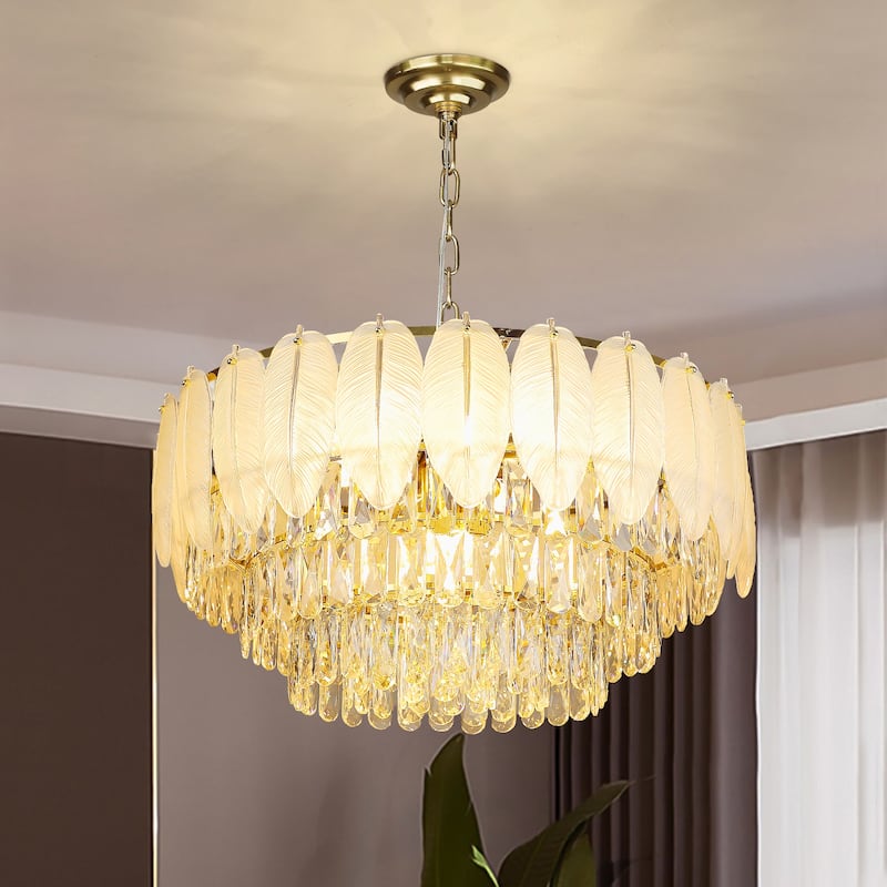 Modern Luxury Crystal Chandeliers, Adjustable Round Feather Crystal Pendant Light for Living Room, Bulbs Included