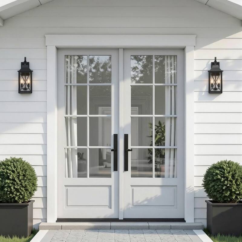 KAWOTI 2-Light Black Lantern Outdoor Sconce with Clear Glass Shade - W8.125" * H19.5" * E9"