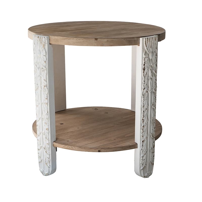 Round Two-Tiered Wooden Side Table with Natural Brown Finish and Distressed White Legs