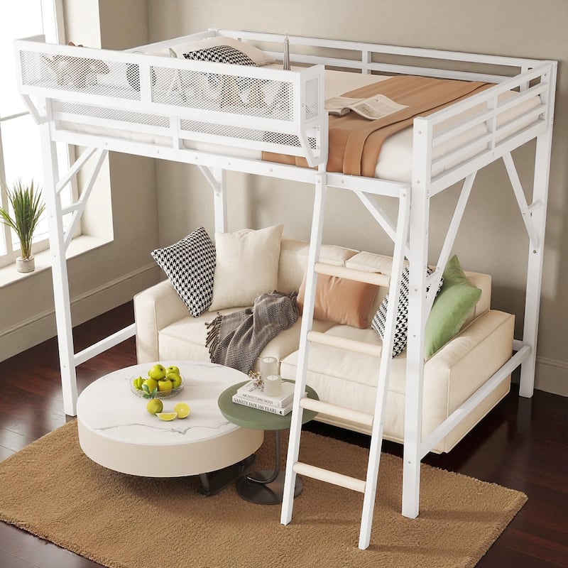 Queen Size Metal Loft Bed with Ladder and Storage Shelves, High Loft Bed Frame for Kids and Teens