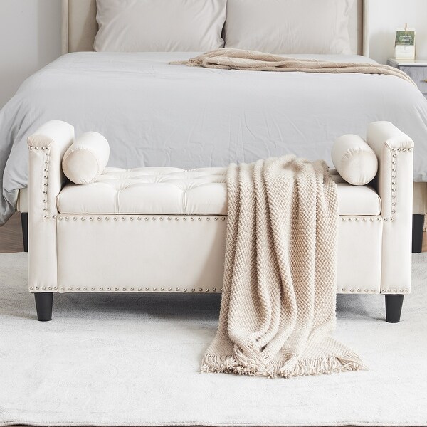 Velvet Upholstered Storage Bench Cream